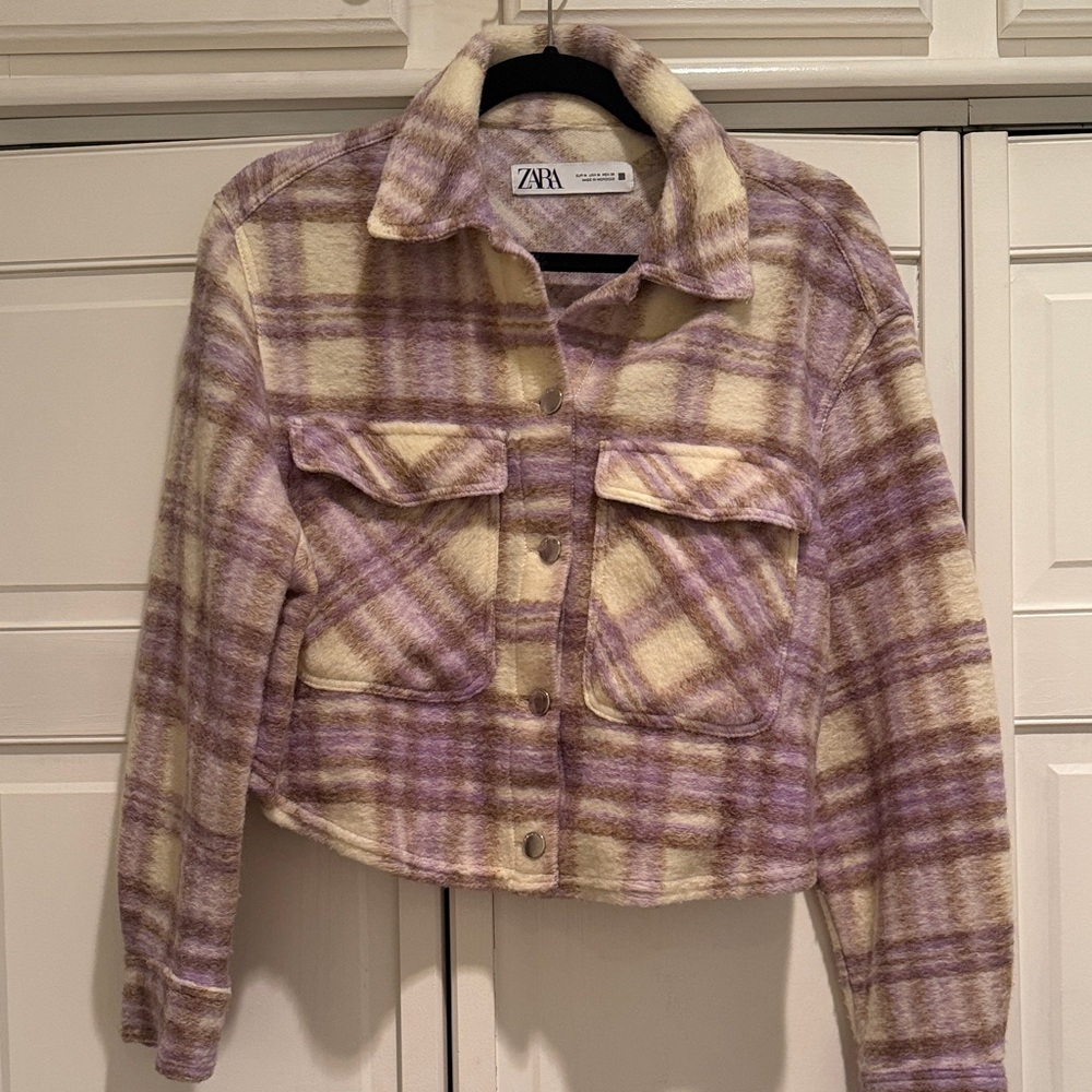 Zara Women's Lavender and Cream Plaid Teddy Jacket